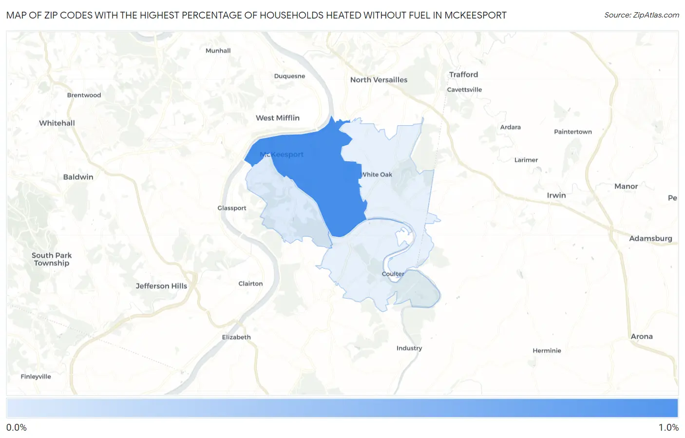 Zip Codes with the Highest Percentage of Households Heated without Fuel in Mckeesport Map