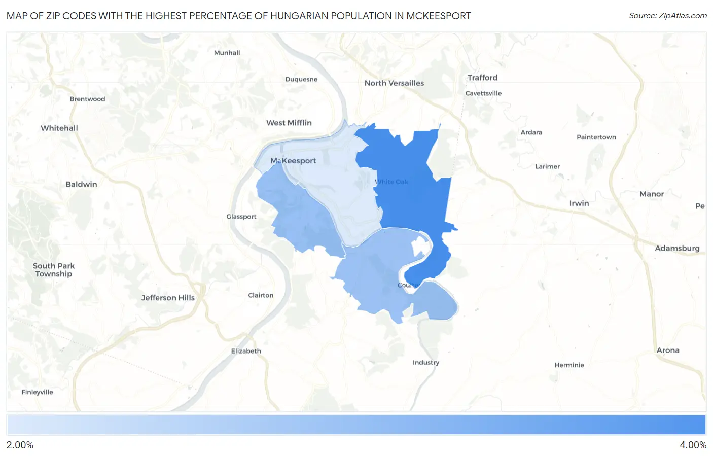 Zip Codes with the Highest Percentage of Hungarian Population in Mckeesport Map