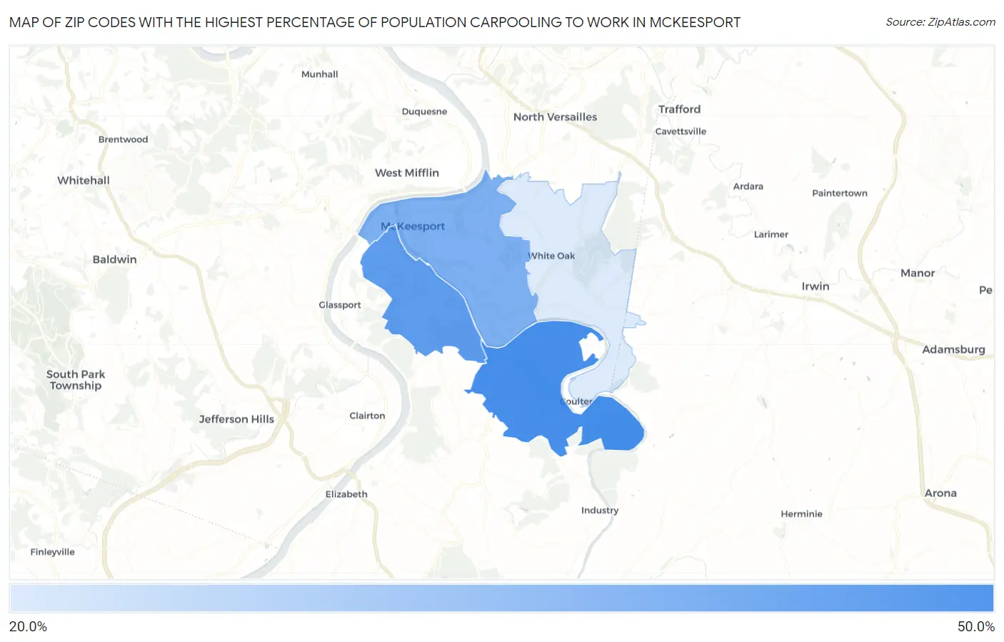 Zip Codes with the Highest Percentage of Population Carpooling to Work in Mckeesport Map