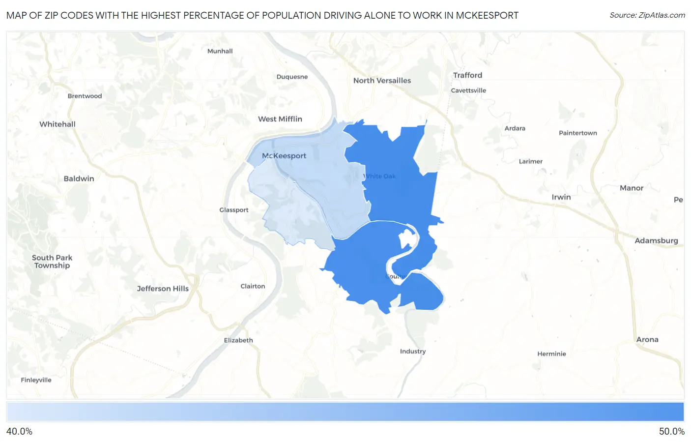 Zip Codes with the Highest Percentage of Population Driving Alone to Work in Mckeesport Map