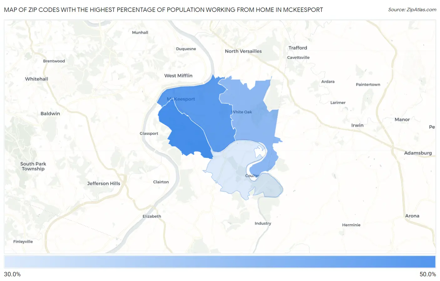 Zip Codes with the Highest Percentage of Population Working from Home in Mckeesport Map
