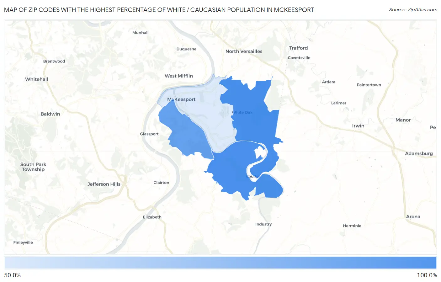 Zip Codes with the Highest Percentage of White / Caucasian Population in Mckeesport Map