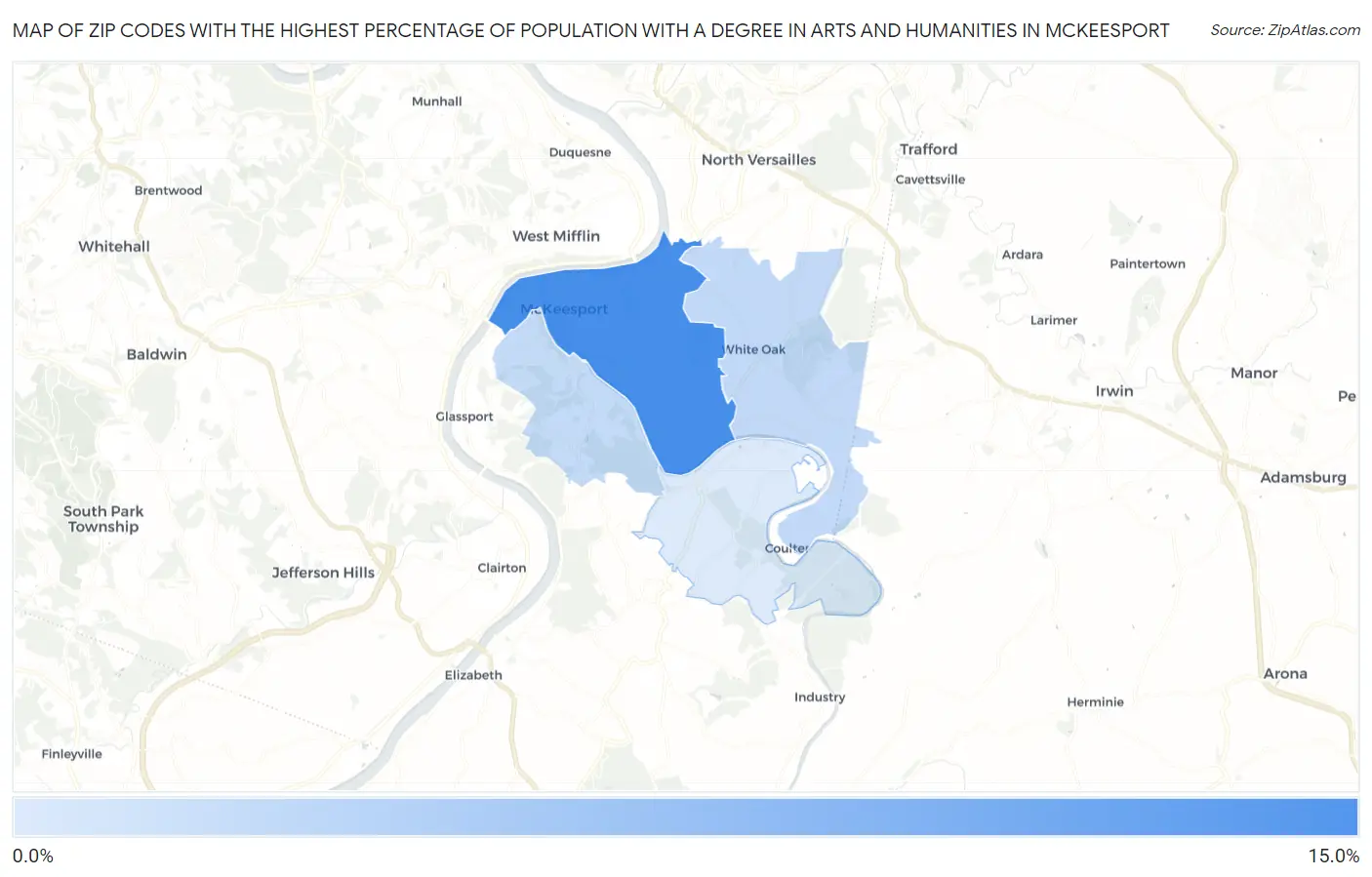 Zip Codes with the Highest Percentage of Population with a Degree in Arts and Humanities in Mckeesport Map