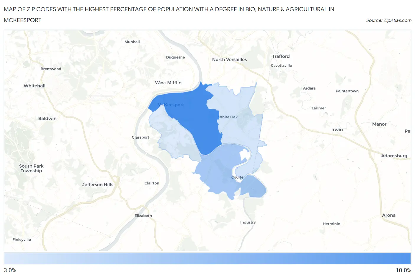 Zip Codes with the Highest Percentage of Population with a Degree in Bio, Nature & Agricultural in Mckeesport Map