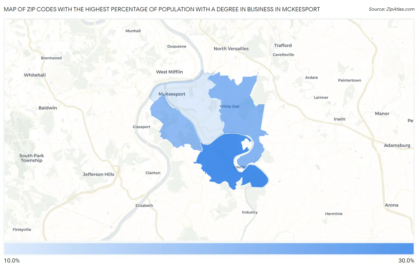 Zip Codes with the Highest Percentage of Population with a Degree in Business in Mckeesport Map