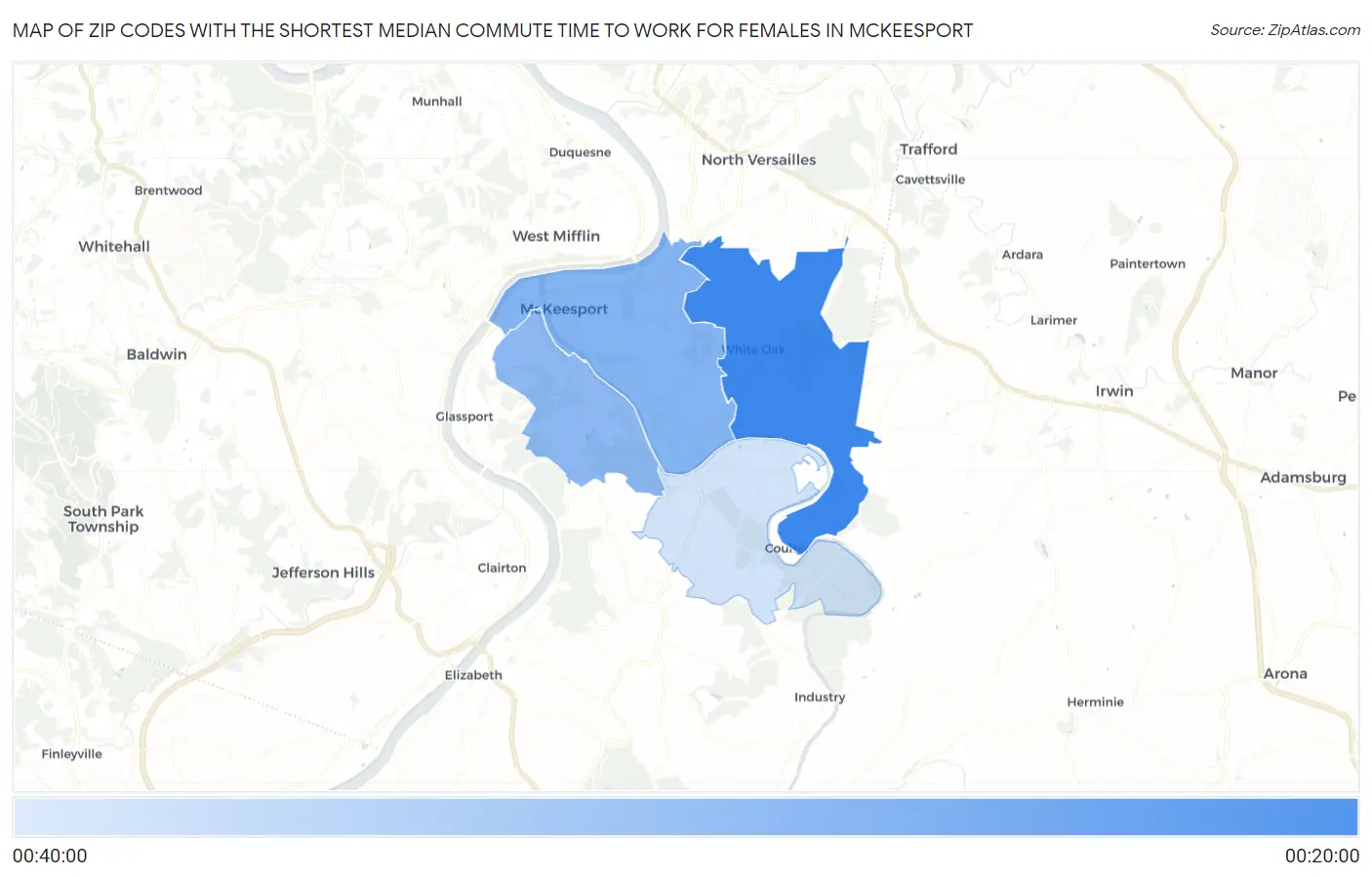 Zip Codes with the Shortest Median Commute Time to Work for Females in Mckeesport Map