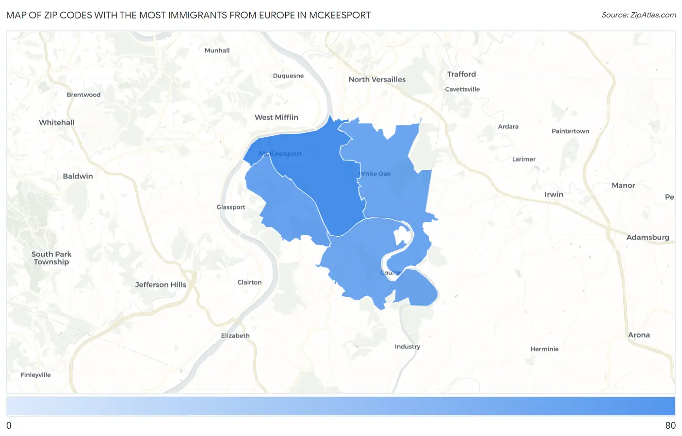 Zip Codes with the Most Immigrants from Europe in Mckeesport Map