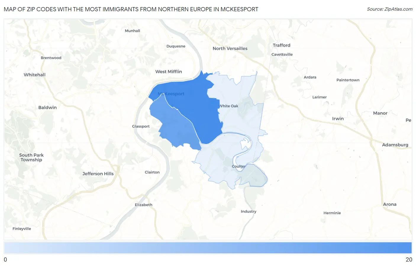 Zip Codes with the Most Immigrants from Northern Europe in Mckeesport Map