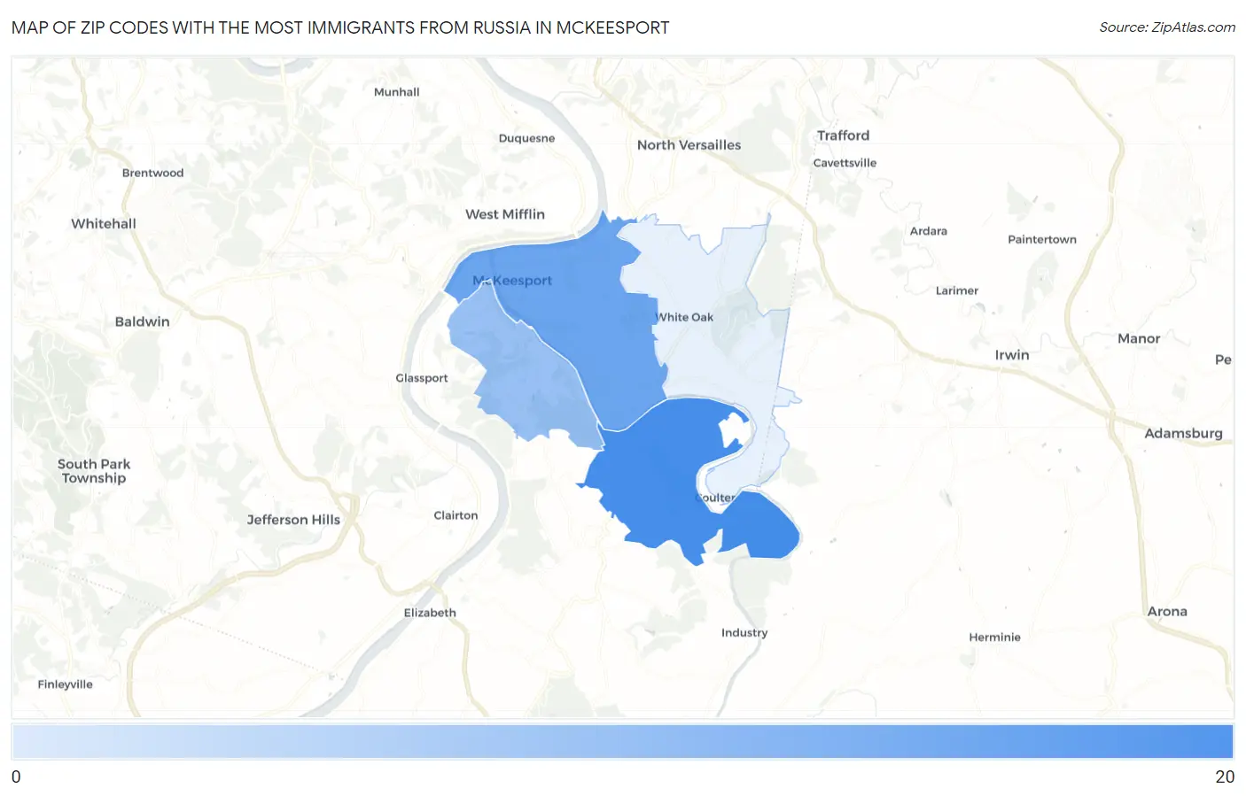 Zip Codes with the Most Immigrants from Russia in Mckeesport Map
