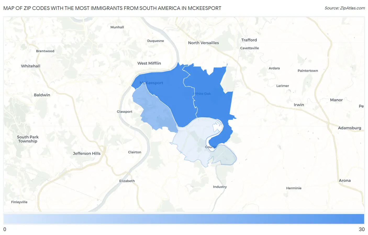 Zip Codes with the Most Immigrants from South America in Mckeesport Map