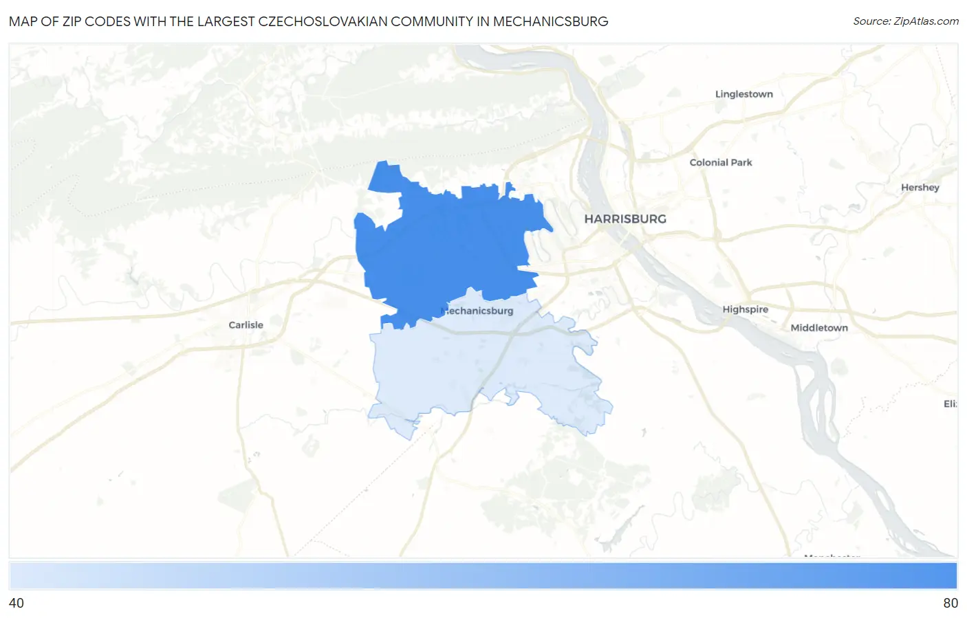 Zip Codes with the Largest Czechoslovakian Community in Mechanicsburg Map