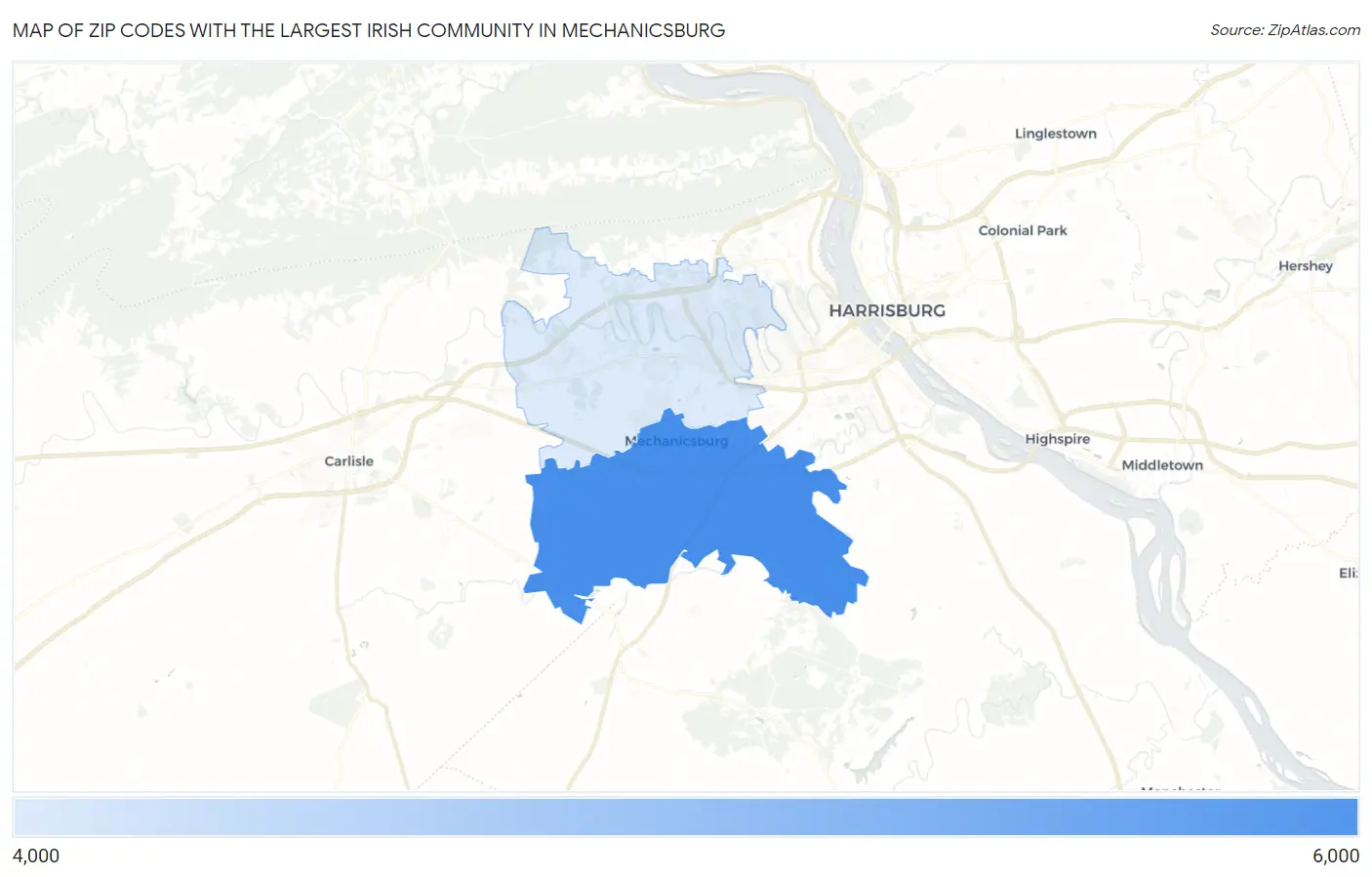 Zip Codes with the Largest Irish Community in Mechanicsburg Map
