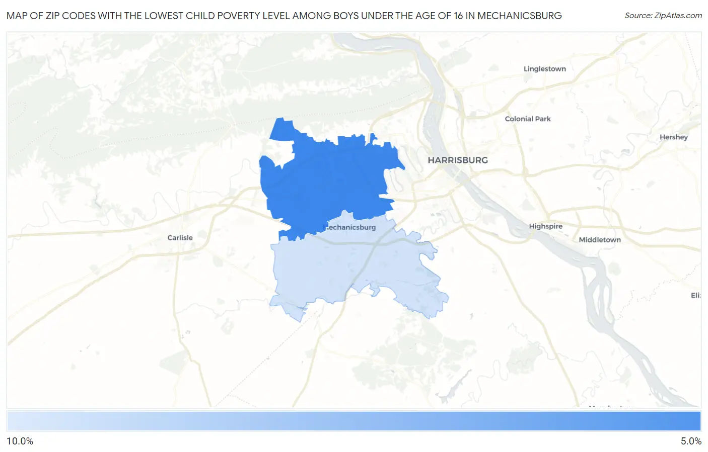 Zip Codes with the Lowest Child Poverty Level Among Boys Under the Age of 16 in Mechanicsburg Map