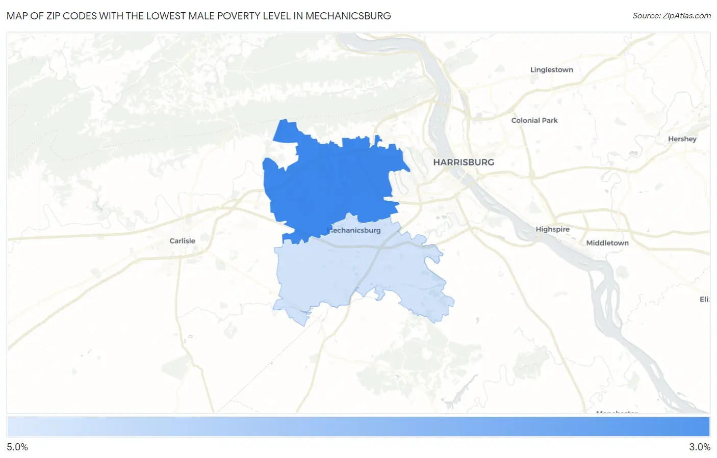 Zip Codes with the Lowest Male Poverty Level in Mechanicsburg Map