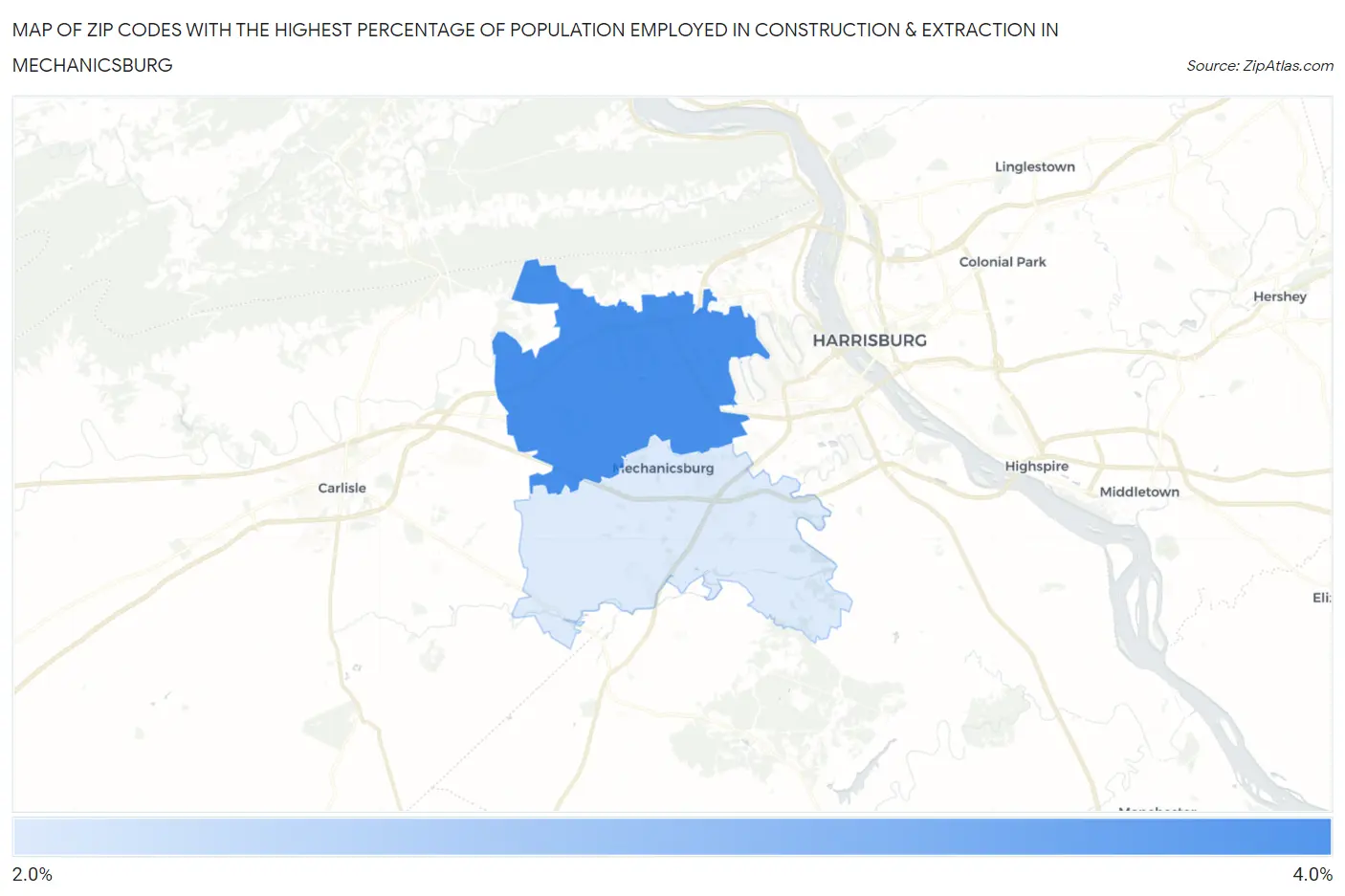Zip Codes with the Highest Percentage of Population Employed in Construction & Extraction in Mechanicsburg Map