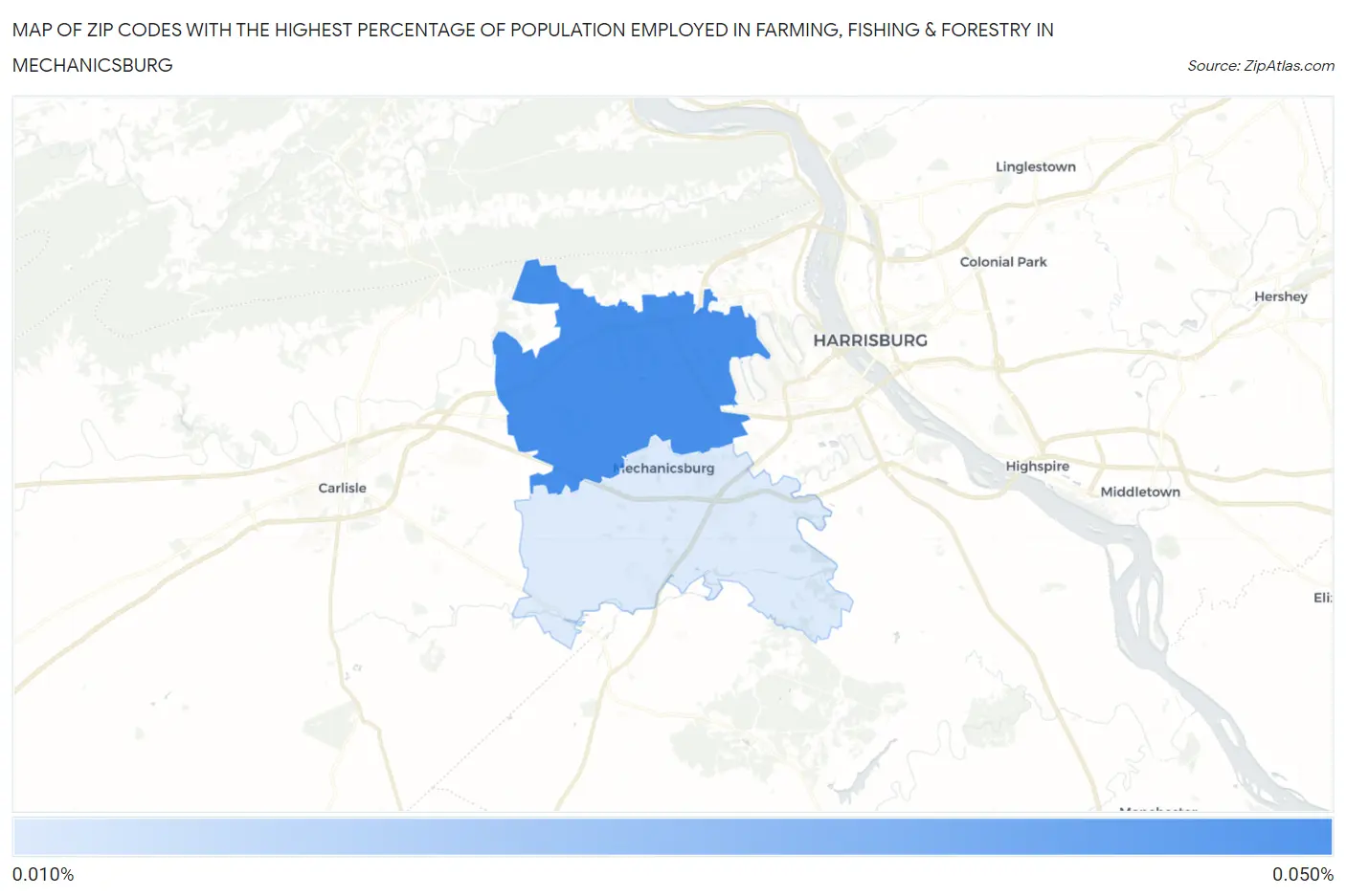 Zip Codes with the Highest Percentage of Population Employed in Farming, Fishing & Forestry in Mechanicsburg Map