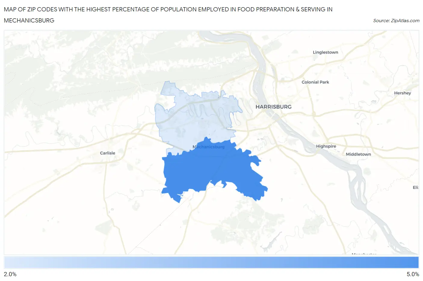 Zip Codes with the Highest Percentage of Population Employed in Food Preparation & Serving in Mechanicsburg Map