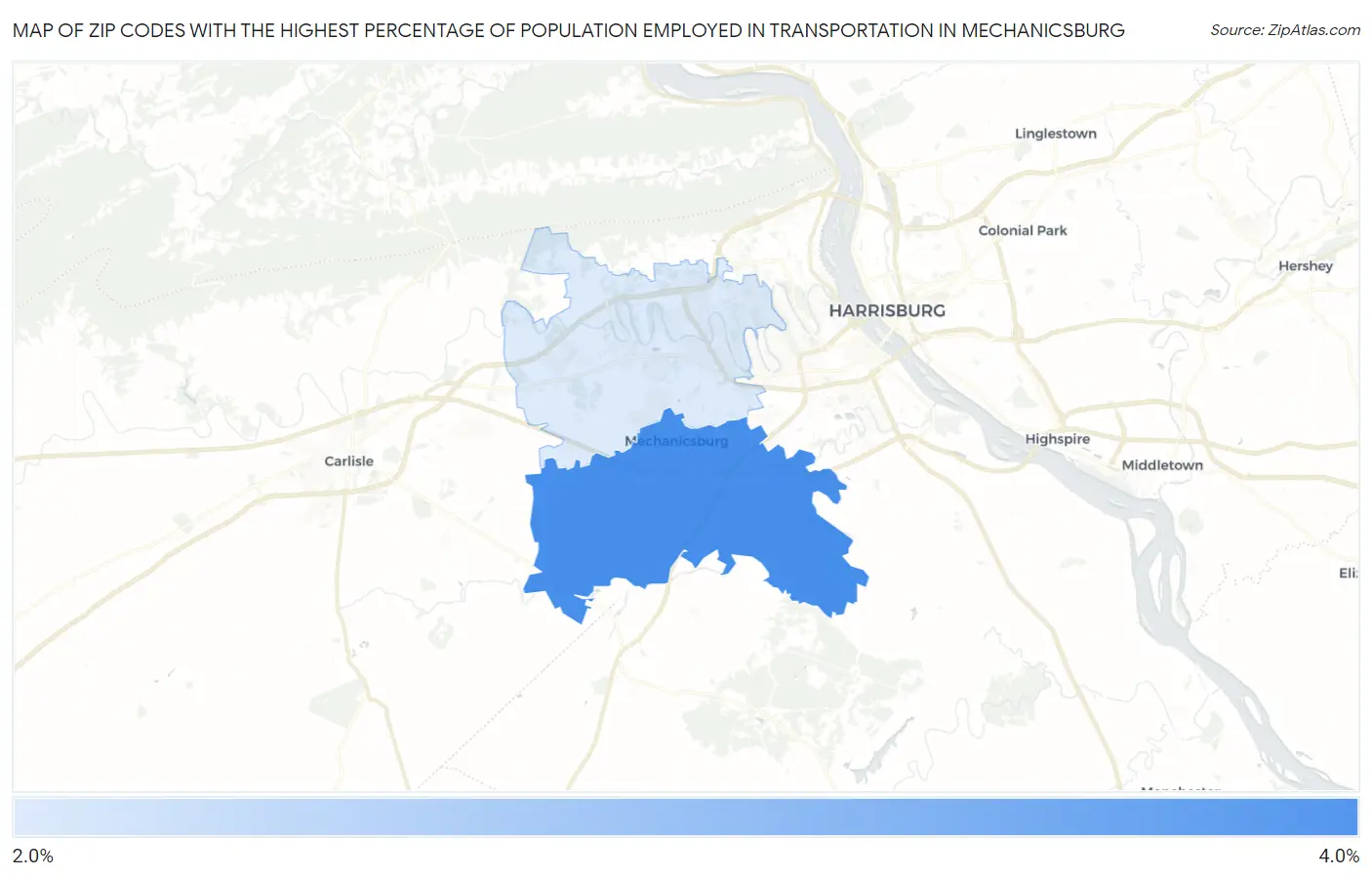 Zip Codes with the Highest Percentage of Population Employed in Transportation in Mechanicsburg Map