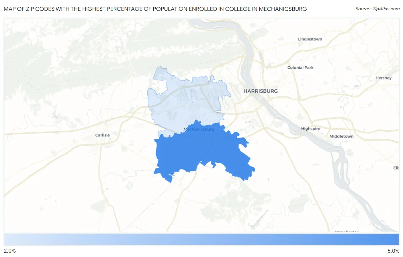 Zip Codes with the Highest Percentage of Population Enrolled in College in Mechanicsburg Map
