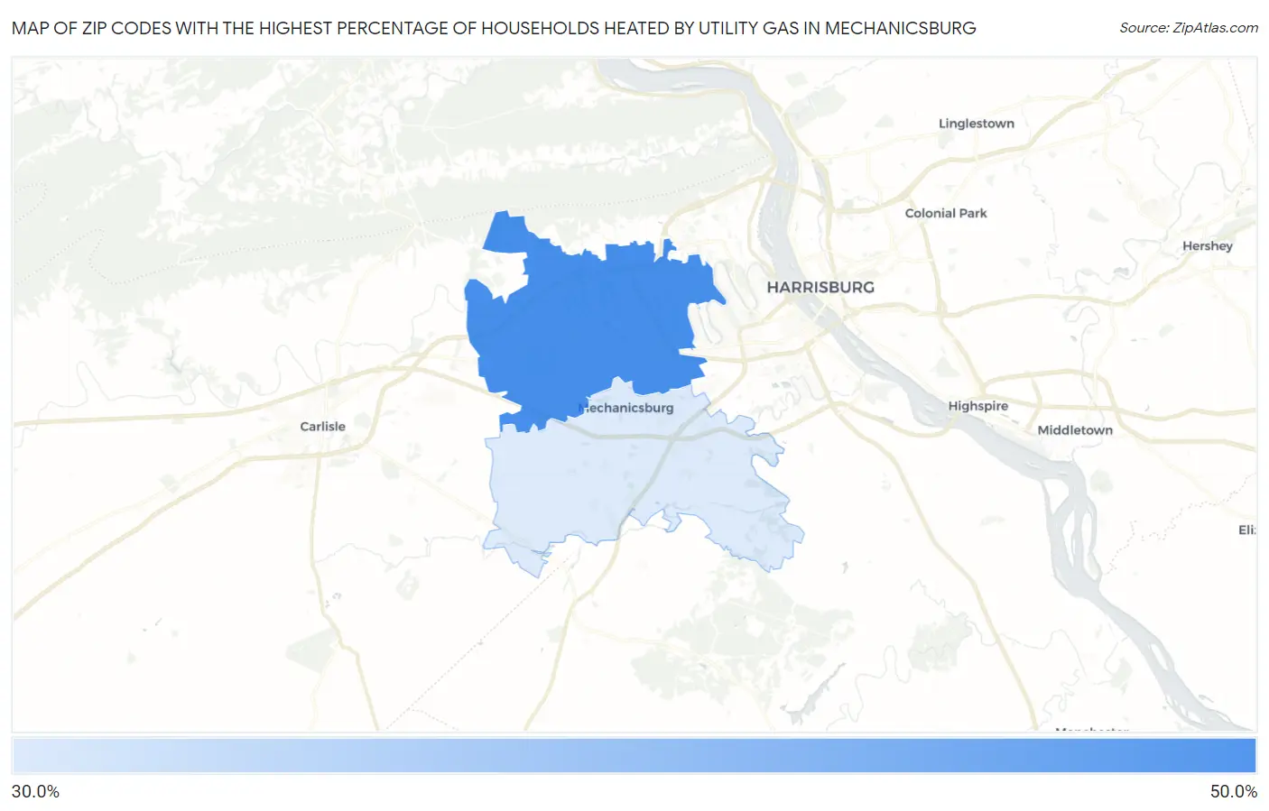 Zip Codes with the Highest Percentage of Households Heated by Utility Gas in Mechanicsburg Map