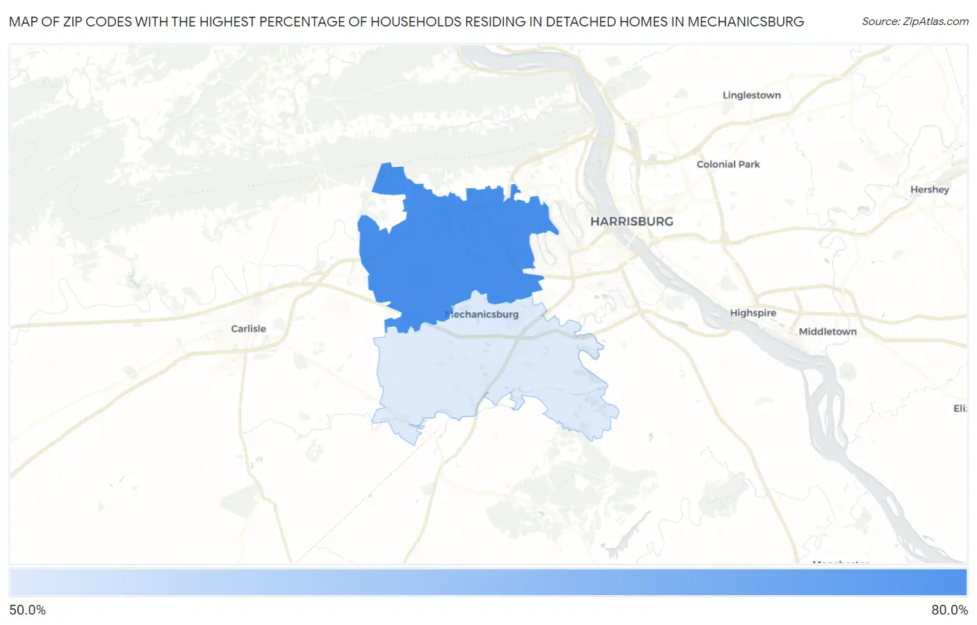 Zip Codes with the Highest Percentage of Households Residing in Detached Homes in Mechanicsburg Map