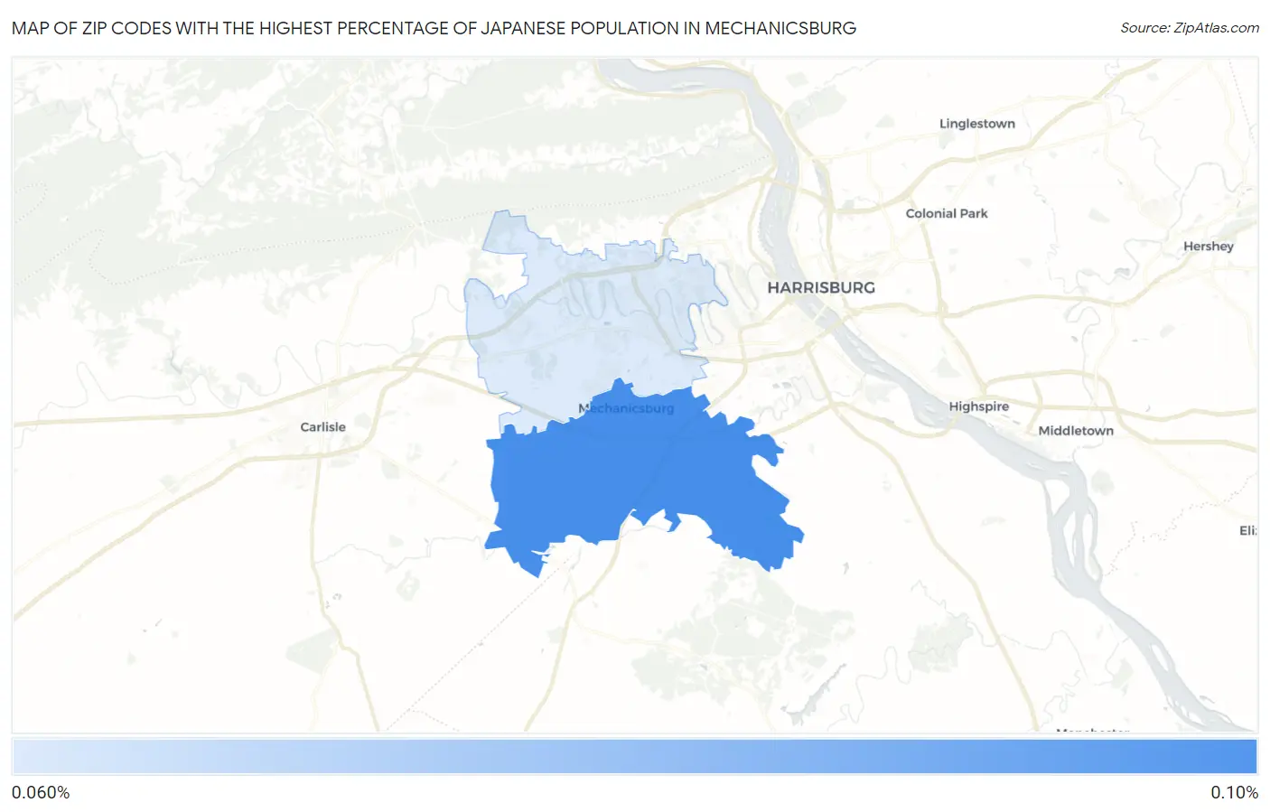 Zip Codes with the Highest Percentage of Japanese Population in Mechanicsburg Map