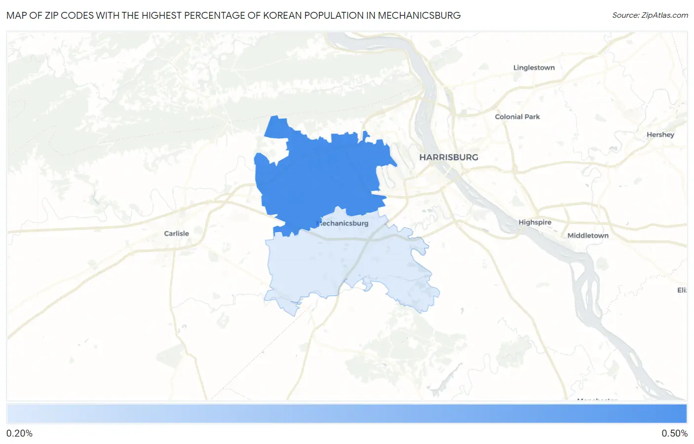 Zip Codes with the Highest Percentage of Korean Population in Mechanicsburg Map