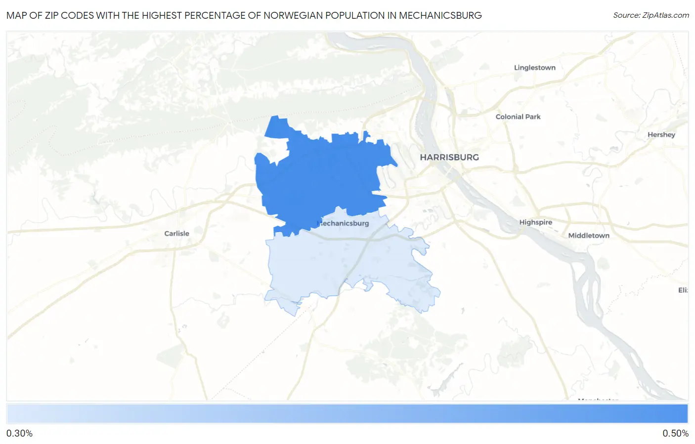 Zip Codes with the Highest Percentage of Norwegian Population in Mechanicsburg Map