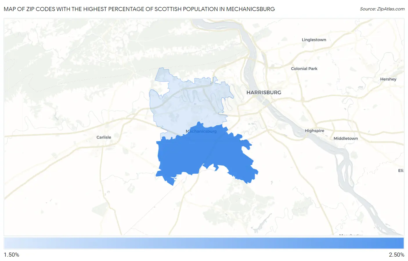 Zip Codes with the Highest Percentage of Scottish Population in Mechanicsburg Map