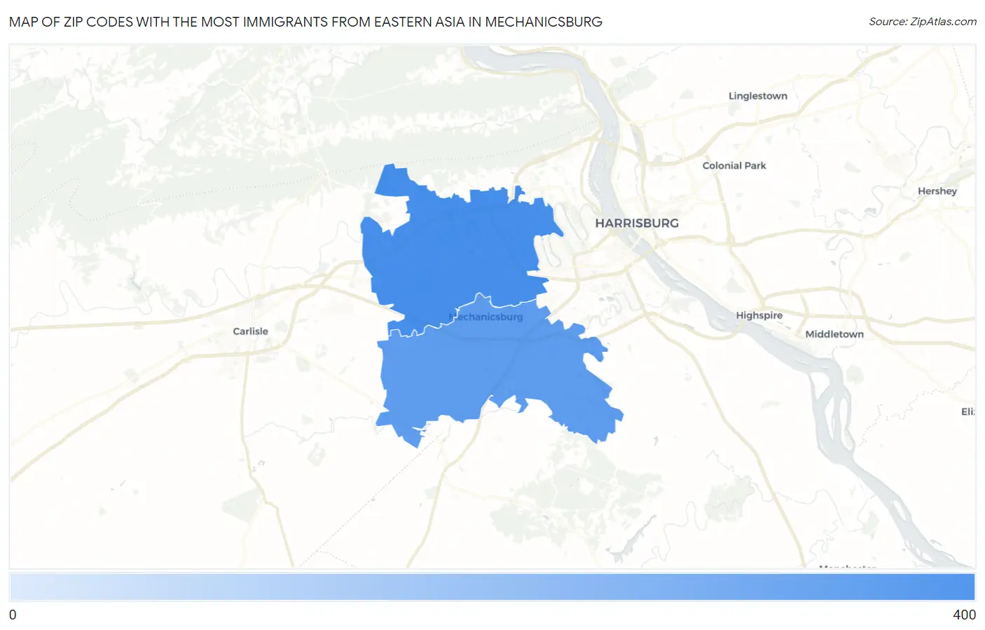 Zip Codes with the Most Immigrants from Eastern Asia in Mechanicsburg Map
