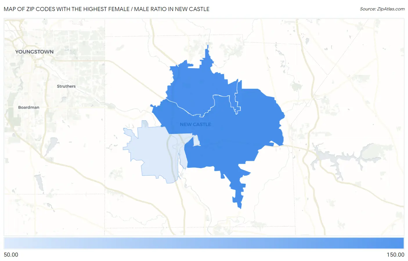 Zip Codes with the Highest Female / Male Ratio in New Castle Map
