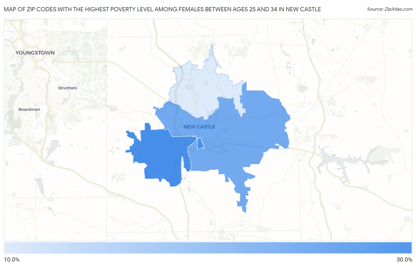 Zip Codes with the Highest Poverty Level Among Females Between Ages 25 and 34 in New Castle Map