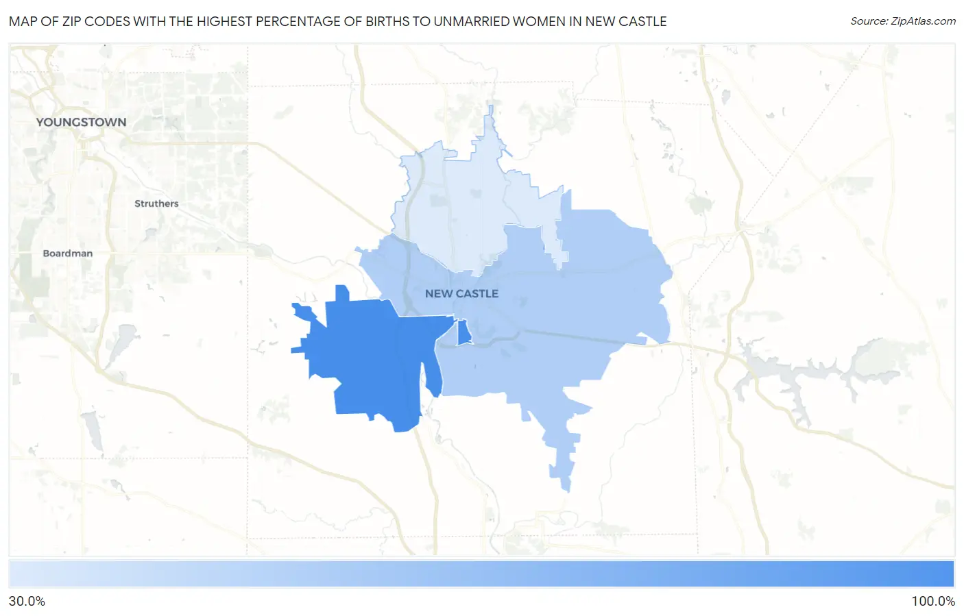 Zip Codes with the Highest Percentage of Births to Unmarried Women in New Castle Map