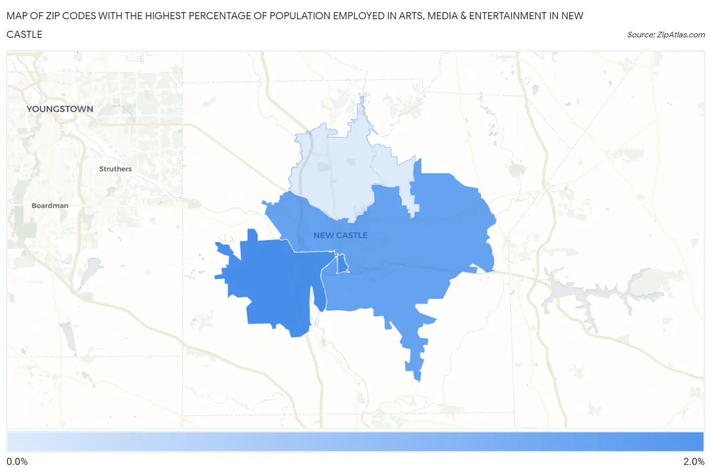 Zip Codes with the Highest Percentage of Population Employed in Arts, Media & Entertainment in New Castle Map