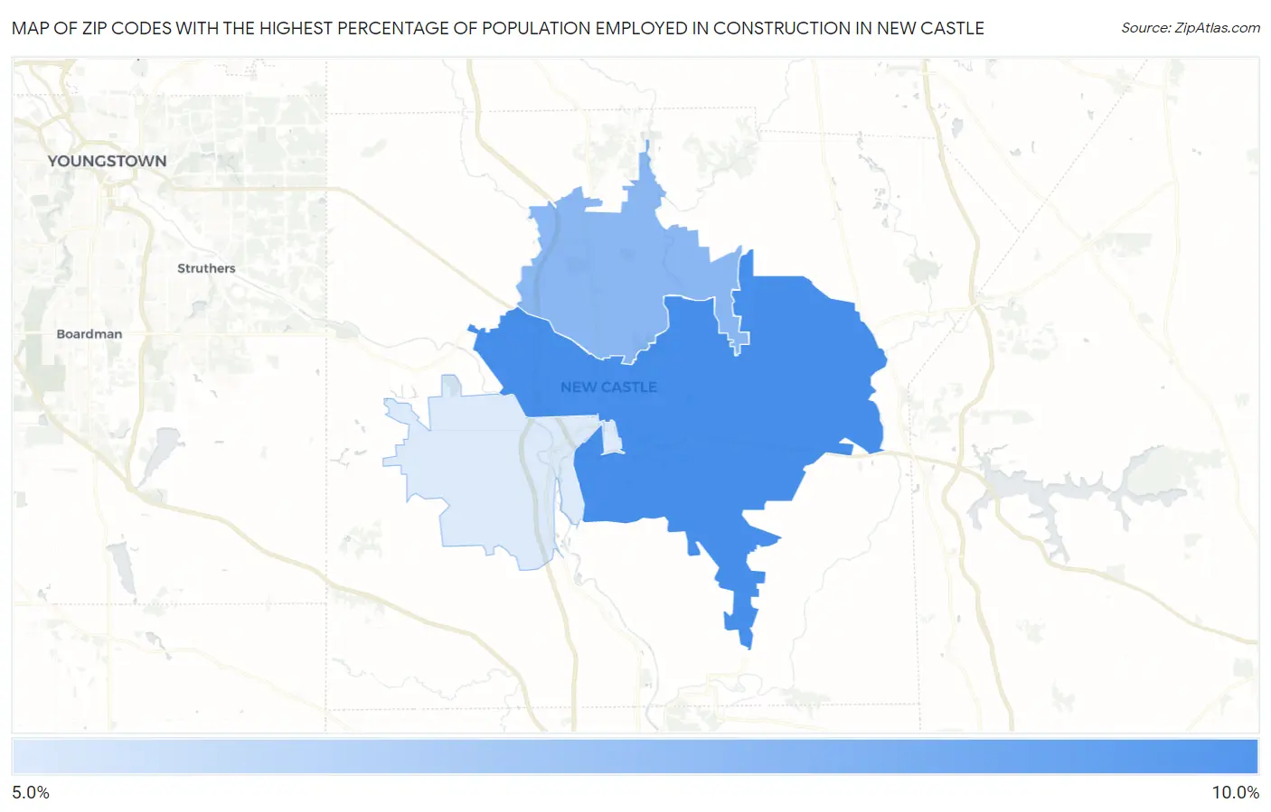 Zip Codes with the Highest Percentage of Population Employed in Construction in New Castle Map