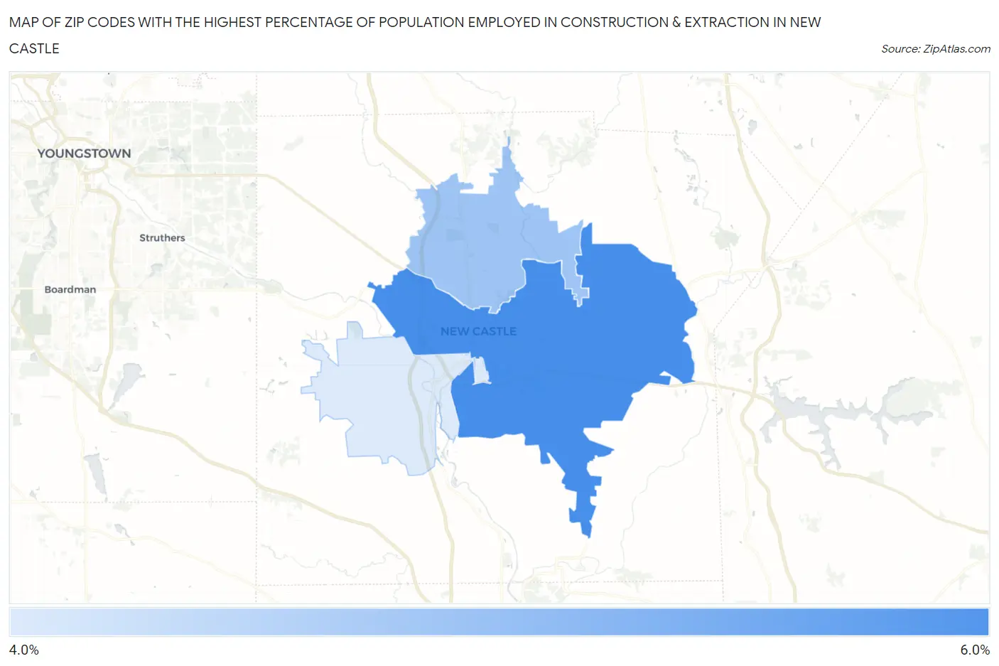 Zip Codes with the Highest Percentage of Population Employed in Construction & Extraction in New Castle Map