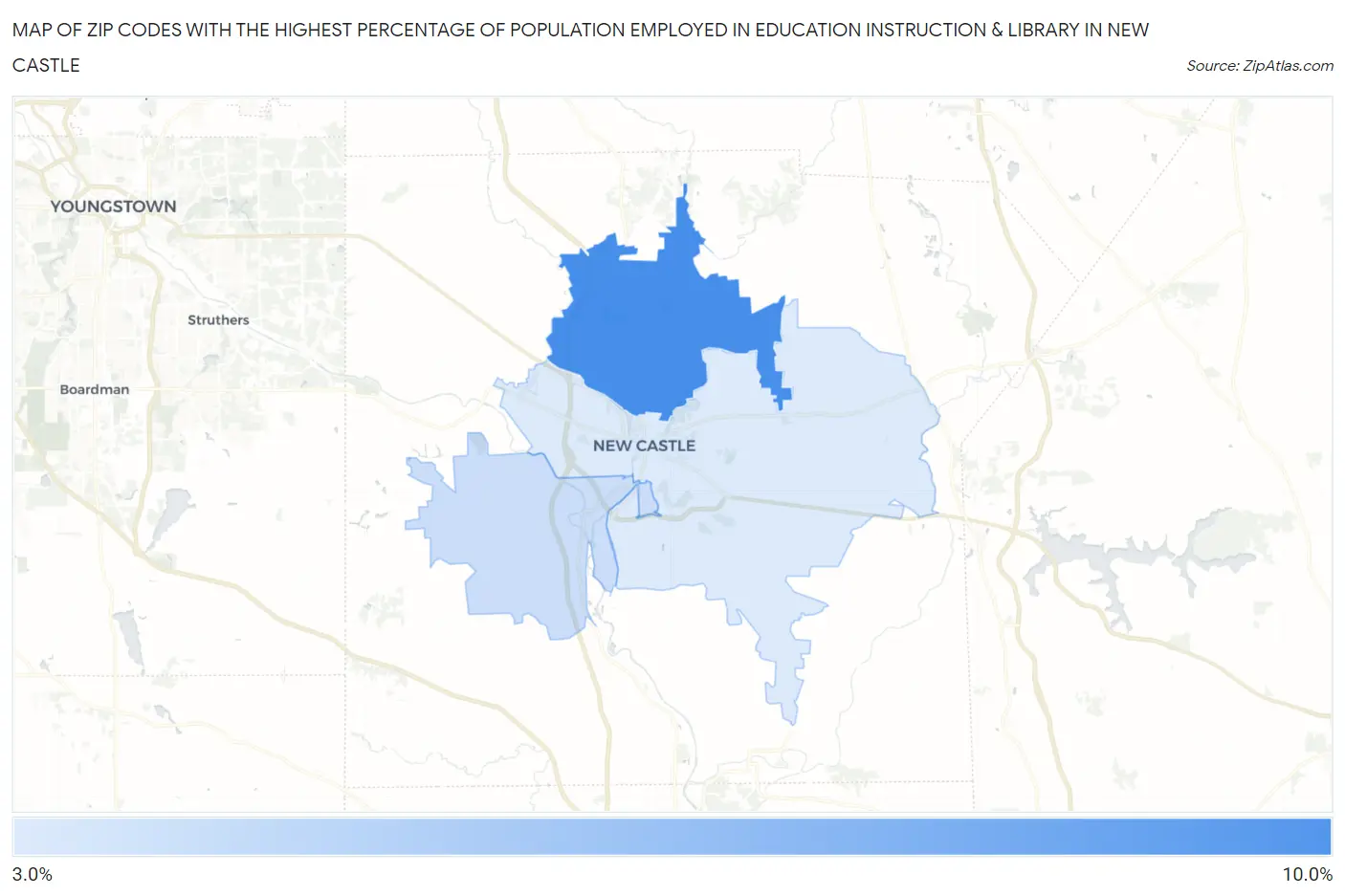 Zip Codes with the Highest Percentage of Population Employed in Education Instruction & Library in New Castle Map