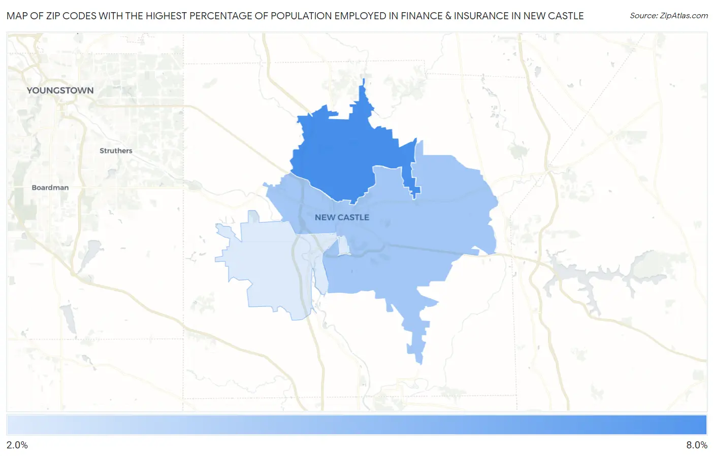 Zip Codes with the Highest Percentage of Population Employed in Finance & Insurance in New Castle Map