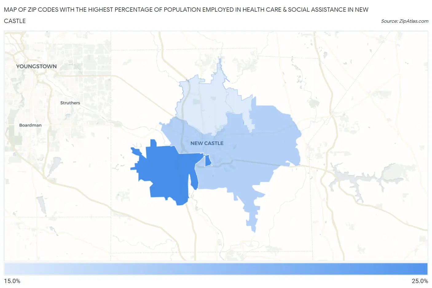 Zip Codes with the Highest Percentage of Population Employed in Health Care & Social Assistance in New Castle Map