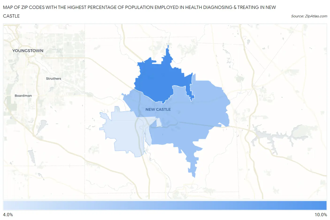 Zip Codes with the Highest Percentage of Population Employed in Health Diagnosing & Treating in New Castle Map