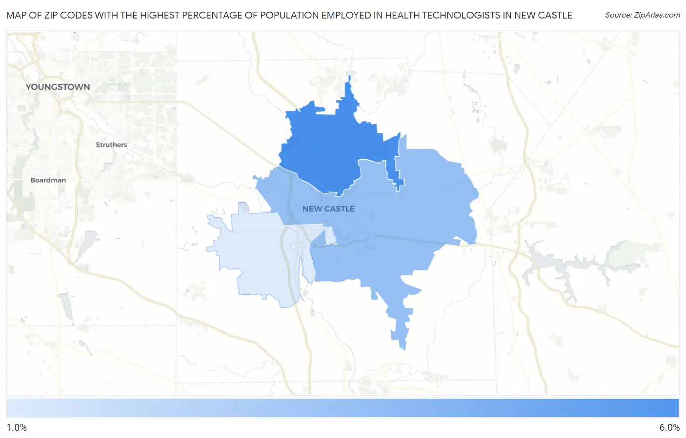 Zip Codes with the Highest Percentage of Population Employed in Health Technologists in New Castle Map