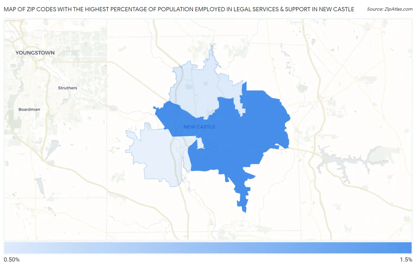 Zip Codes with the Highest Percentage of Population Employed in Legal Services & Support in New Castle Map