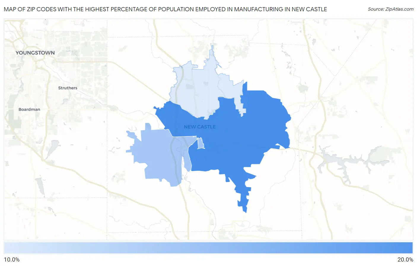Zip Codes with the Highest Percentage of Population Employed in Manufacturing in New Castle Map