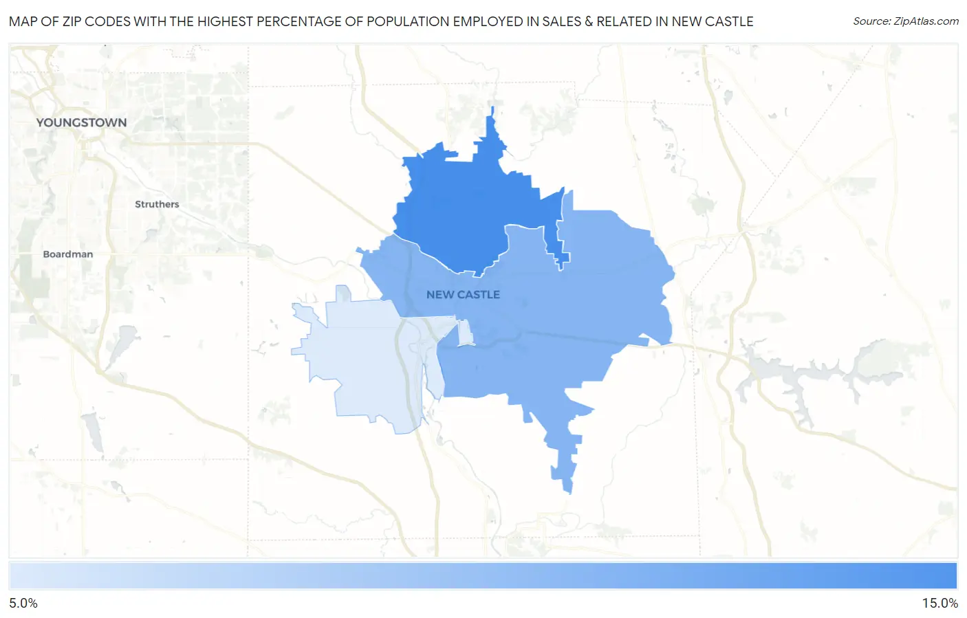 Zip Codes with the Highest Percentage of Population Employed in Sales & Related in New Castle Map
