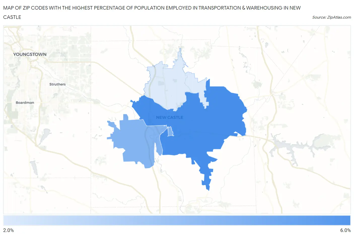 Zip Codes with the Highest Percentage of Population Employed in Transportation & Warehousing in New Castle Map
