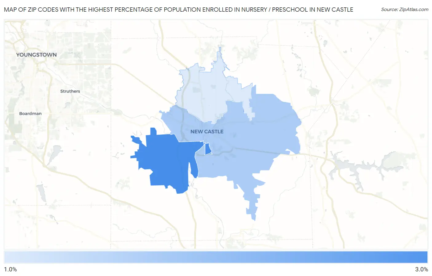 Zip Codes with the Highest Percentage of Population Enrolled in Nursery / Preschool in New Castle Map