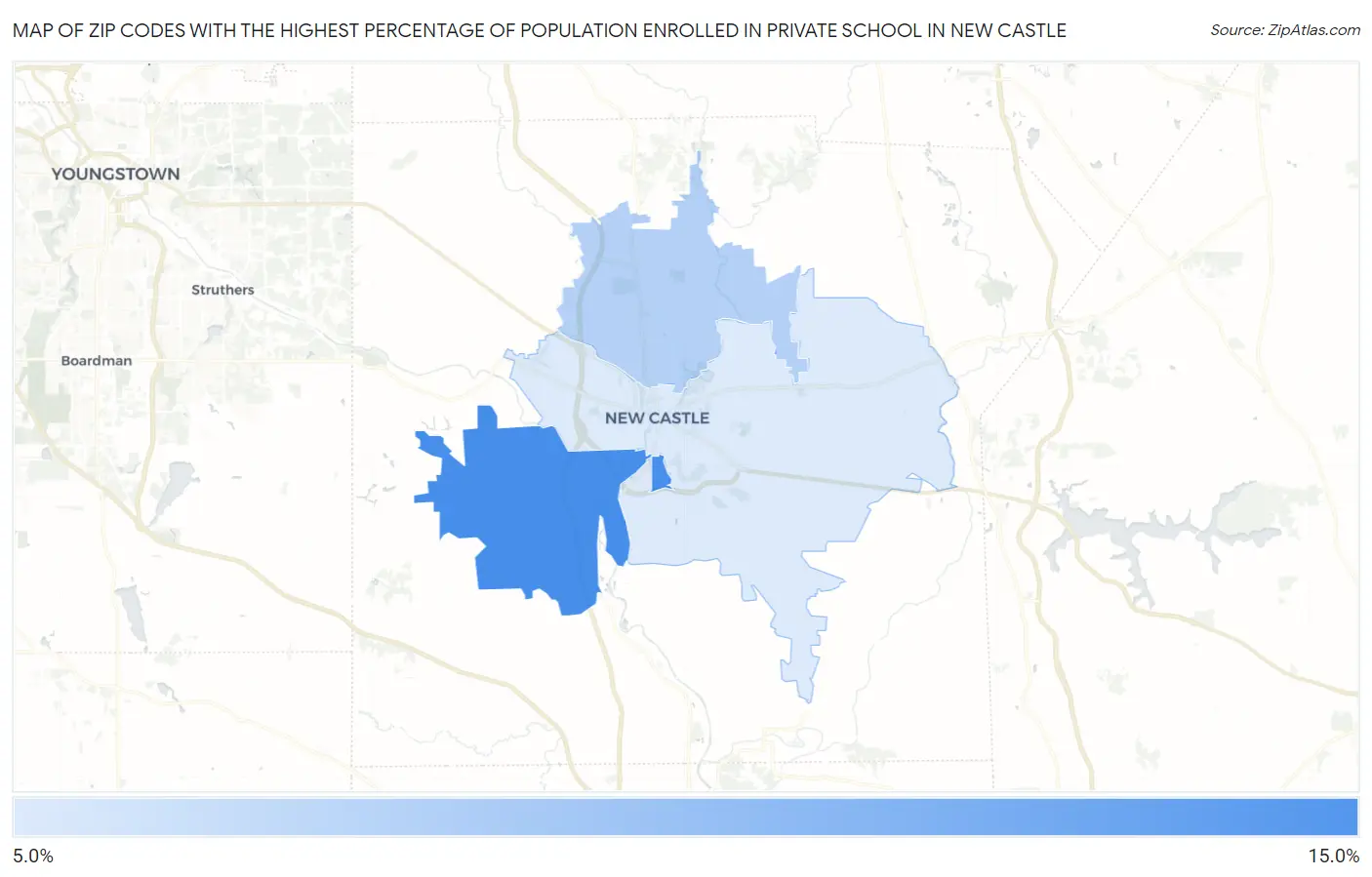 Zip Codes with the Highest Percentage of Population Enrolled in Private School in New Castle Map