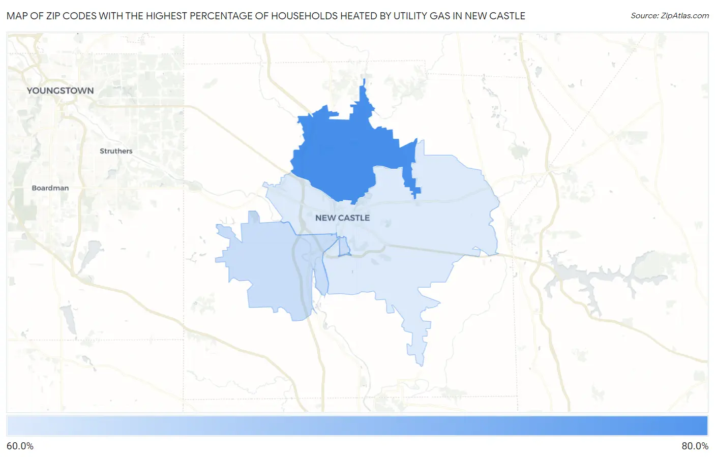 Zip Codes with the Highest Percentage of Households Heated by Utility Gas in New Castle Map
