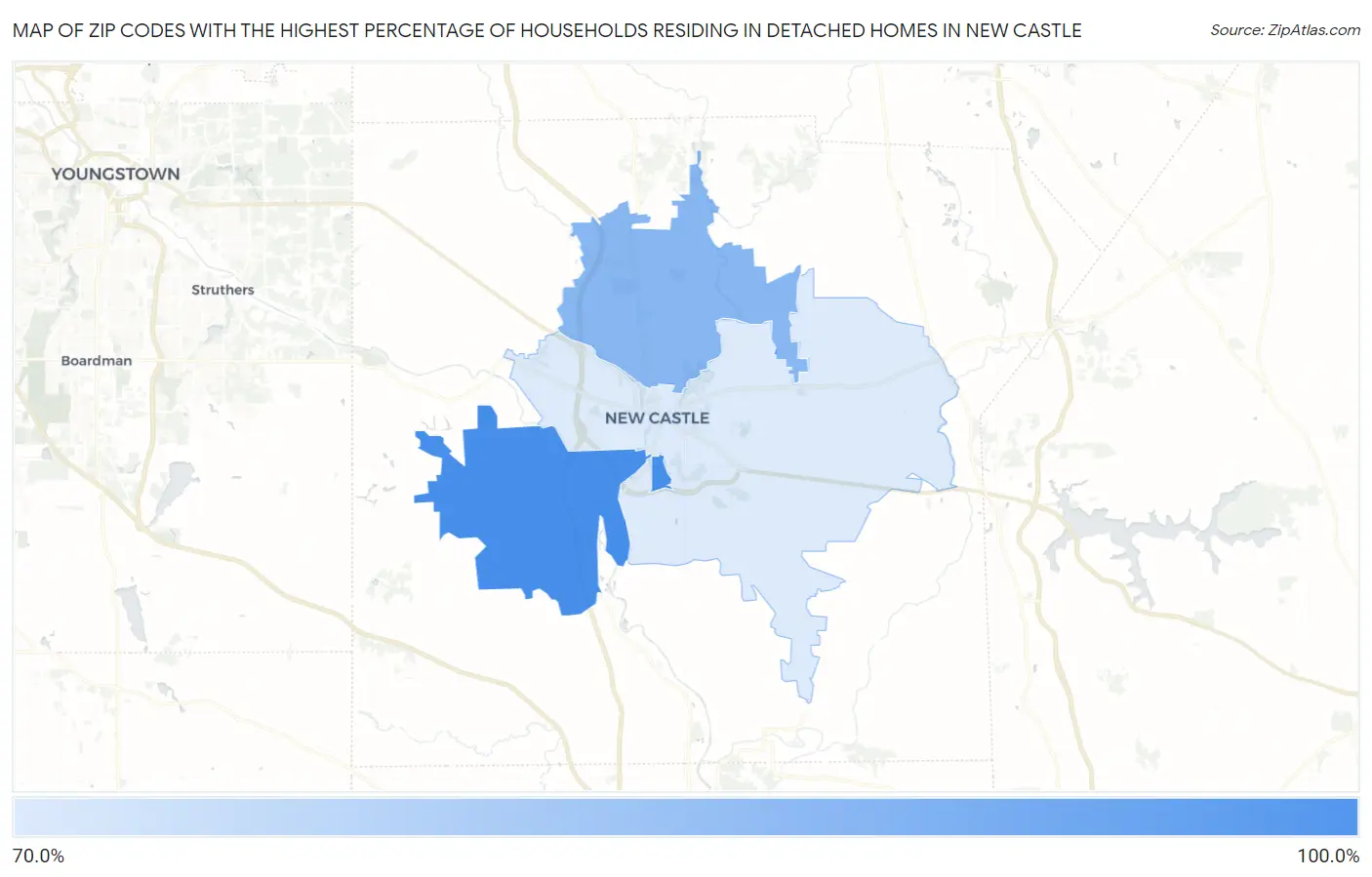 Zip Codes with the Highest Percentage of Households Residing in Detached Homes in New Castle Map