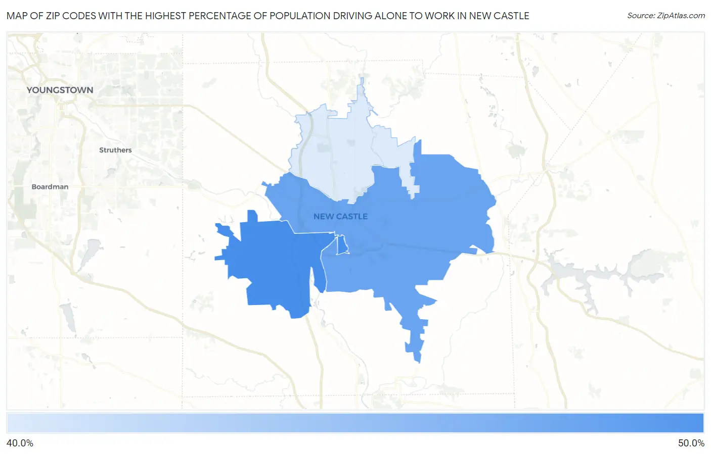 Zip Codes with the Highest Percentage of Population Driving Alone to Work in New Castle Map
